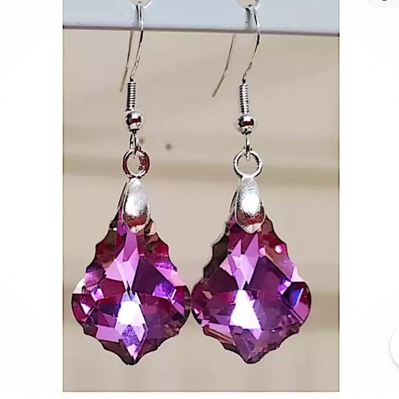Purple Austrian Crystal Necklace Earrings Set Silver Dangle Baroque Leaf E… - Picture 2 of 2